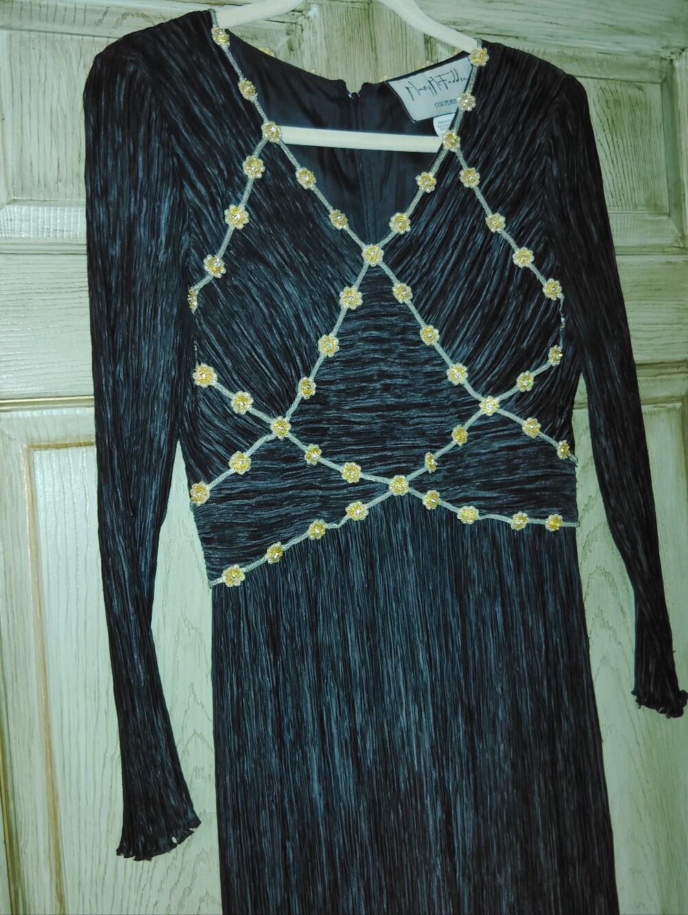 RARE Vintage Mary McFadden Couture Black Pleated 80's Gown Gold Beads Sz 4 - Picture 6 of 10